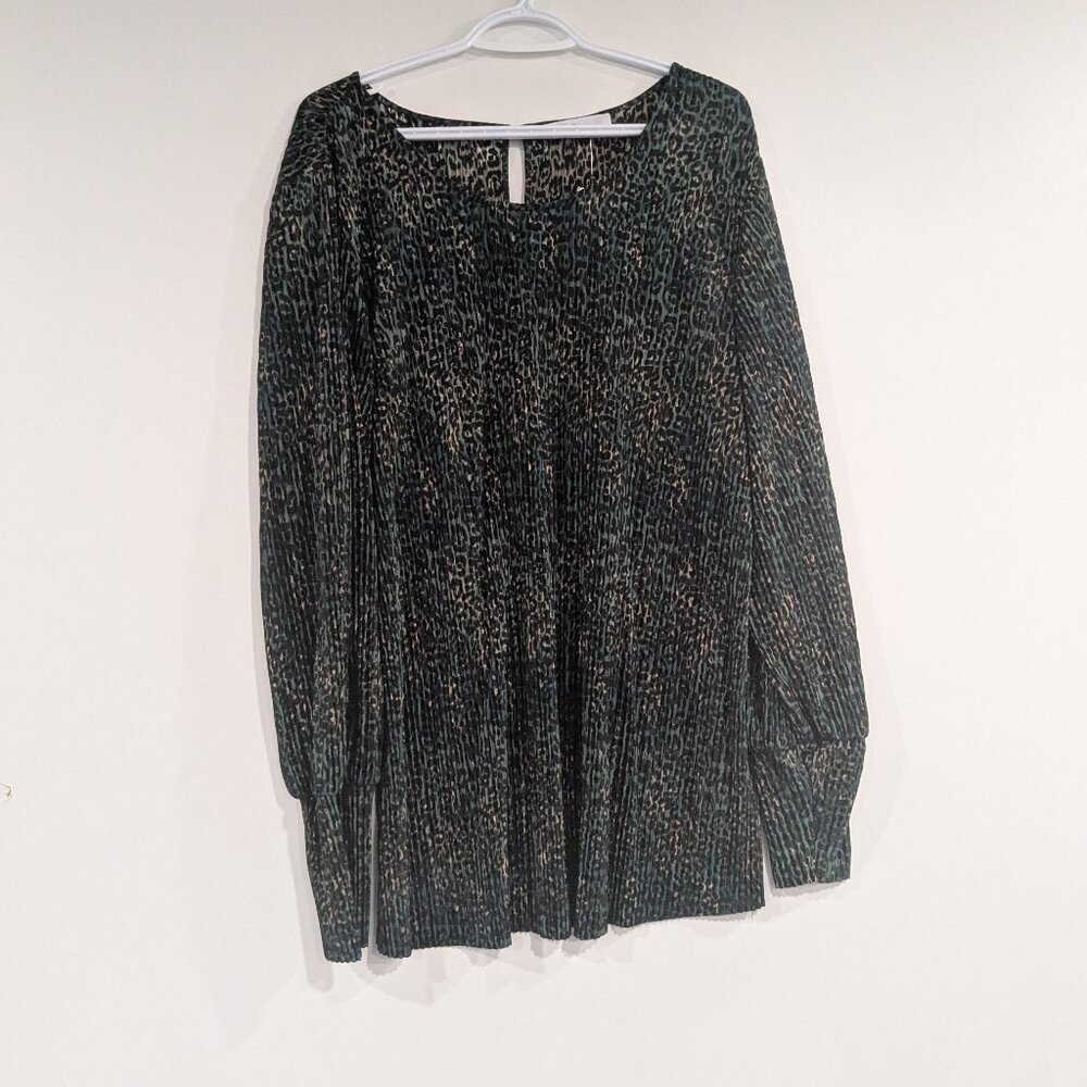 BNWT Cleo Leopard Print Crinkle Blouse Green Tan Black Size XXL